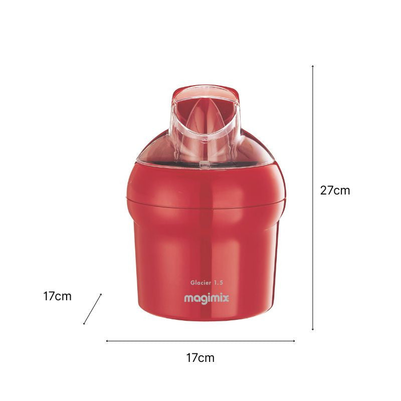 Vue de face du Glacier 1,5 L rouge et ses dimensions