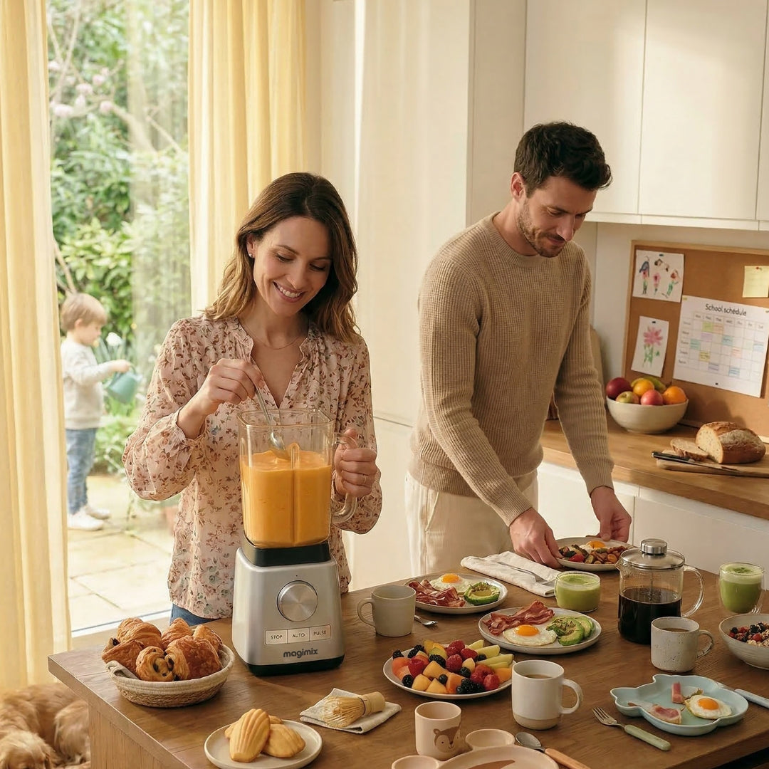 Une famille prépare le petit-déjeuner ensemble avec le Blender Power Magimix