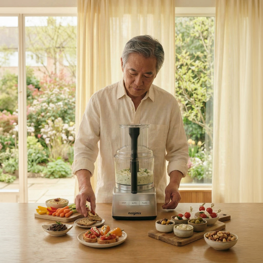 Un homme prépare l'apéritif avec le robot multifonction Magimix