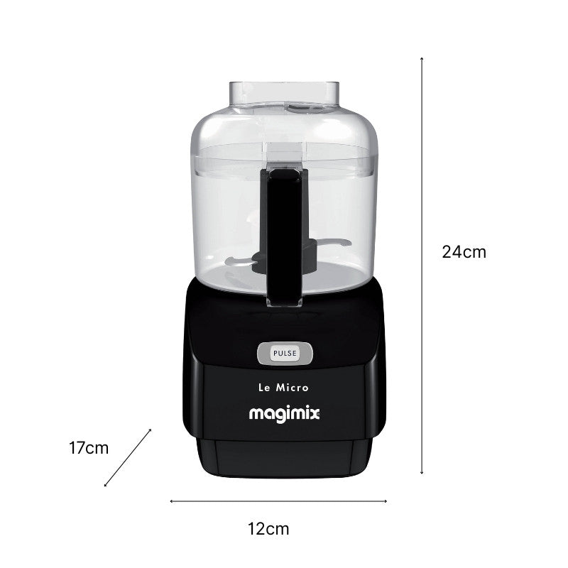 Vue de face du Micro mini-hachoir noir et ses dimensions