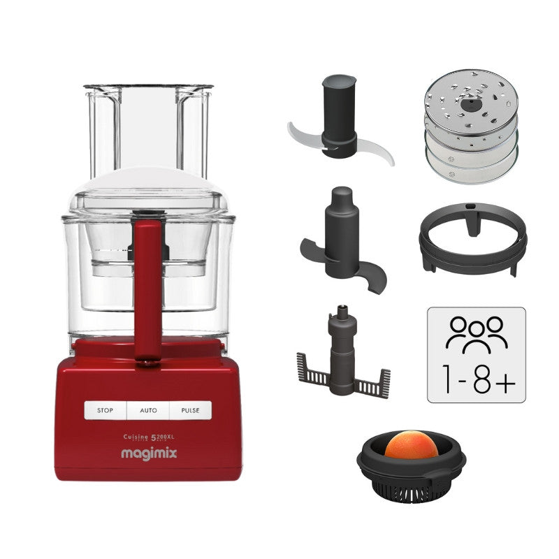 Vue de face du robot multifonction CS 5200 XL rouge et les accessoires inclus